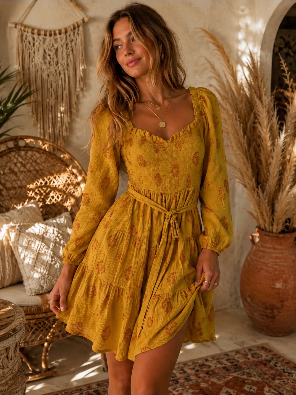 A loved a size small Mustard Yellow Long-Sleeve Smocked Waist Mini Dress